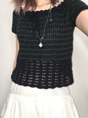 Maruyama National Market Crochet Knit Stripe Top Large